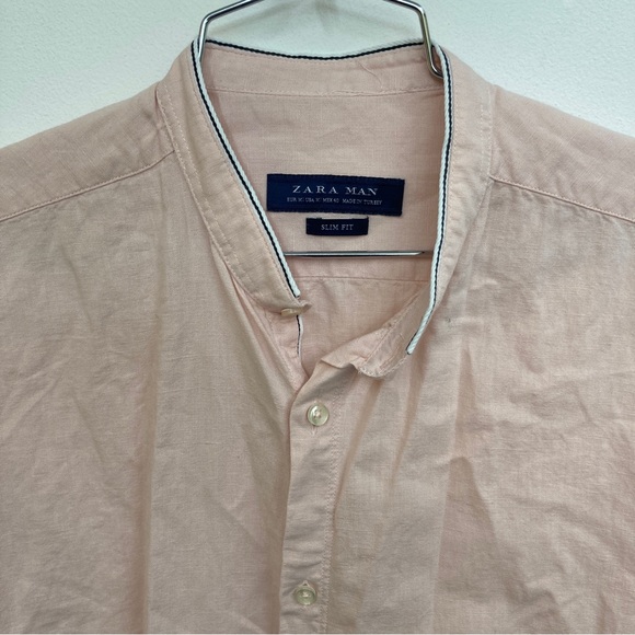 Men’s Zara short sleeve button up linen blend medium lightweight shirt pink - Picture 2 of 7